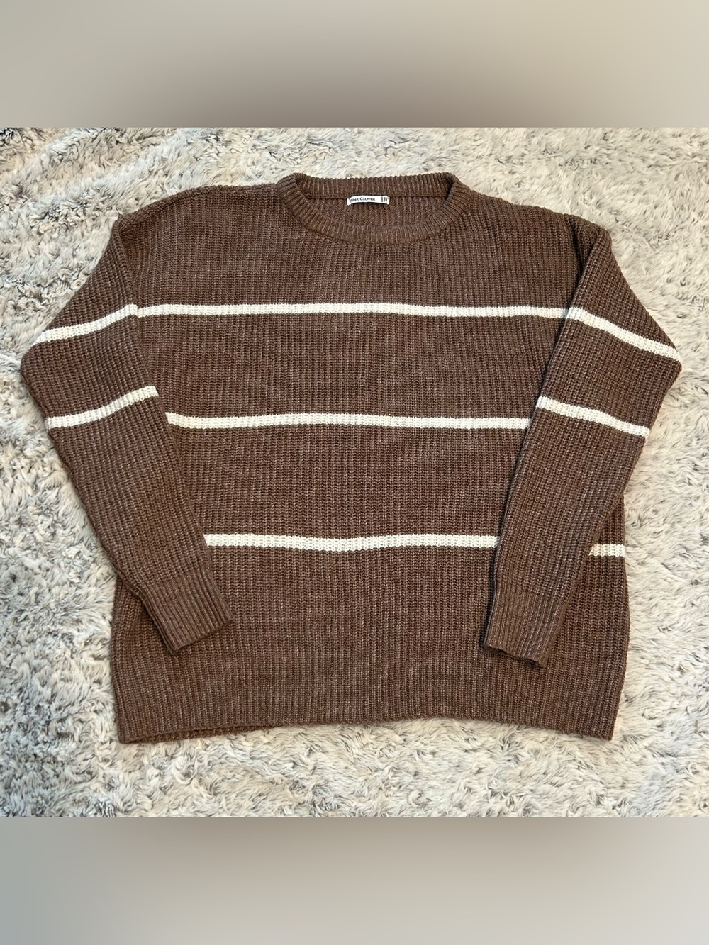 NWOT Pink Clover Brown Crewneck Sweater with Cream Stripes